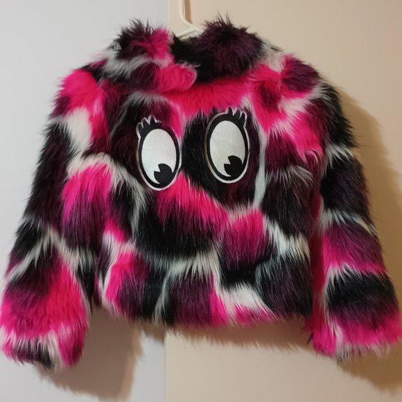 Cat & Jack Monster Eyes Pink, Black & White Fuzzy Faux Fur Coat (Sz. Small 6-6X) - Picture 1 of 4